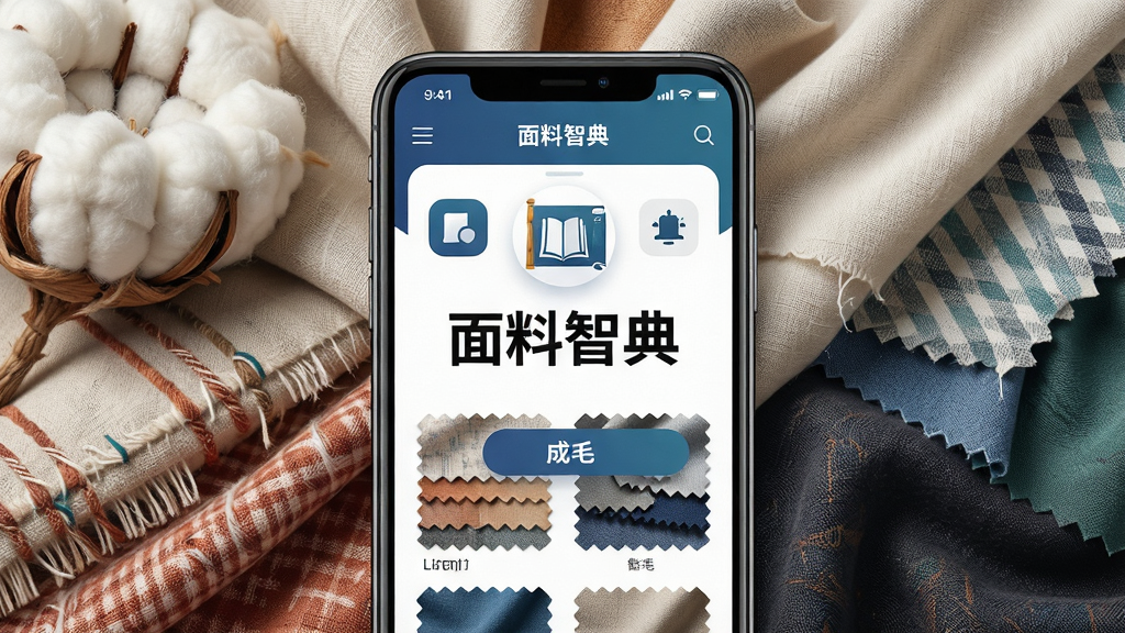 主体:一部智能手机屏幕显示面料智典APP界面,界面中展示多种面料样布与文字“面料智典”。布局:手机居中,屏幕内容清晰可见,周围环绕棉麻丝毛等面料纹理。排版:简洁大方,APP界面图标与文字醒目。风格:现代科技感与纺织行业专业感结合。细节:面料纹理清晰,色彩真实,APP界面按钮精致。画质:高清渲染,干净,无多余元素。