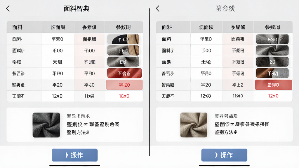 主体:面料智典APP的对比界面,左右分屏显示两种面料的参数表格,表格下方有鉴别方法图示。布局:左右对称,中间以竖线分隔,底部为操作按钮。排版:表格整齐,参数项对齐,差异项高亮显示。风格:专业工具风,浅灰背景。细节:面料样本图片清晰,高亮差异项用红色标注。画质:高清,干净,无多余元素。