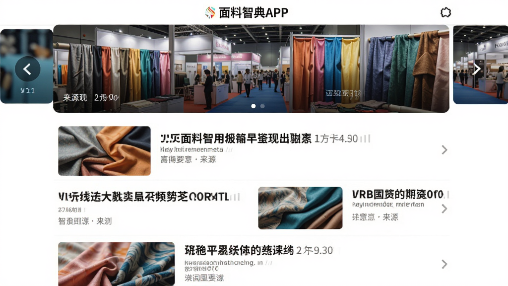 主体:面料智典APP的资讯页面,顶部有轮播图,下方为新闻列表,配图与标题结合。布局:轮播图占据顶部三分之一,列表依次排列。排版:图文交错,标题加粗,时间与来源清晰。风格:时尚杂志风,色彩明快。细节:轮播图展示面料展会现场,列表缩略图与内容相关。画质:高清,干净,无多余元素。