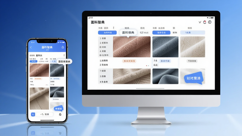 主体:手机与电脑并排展示面料智典APP界面,手机在左,电脑显示器在右,屏幕均显示面料对比表格。布局:左右排列,手机略小,电脑屏幕较大。排版:两个屏幕内容清晰,周围有柔和光影。风格:科技感,背景为渐变蓝。细节:屏幕中面料纹理可见,操作提示气泡。画质:高清,干净,无多余元素。