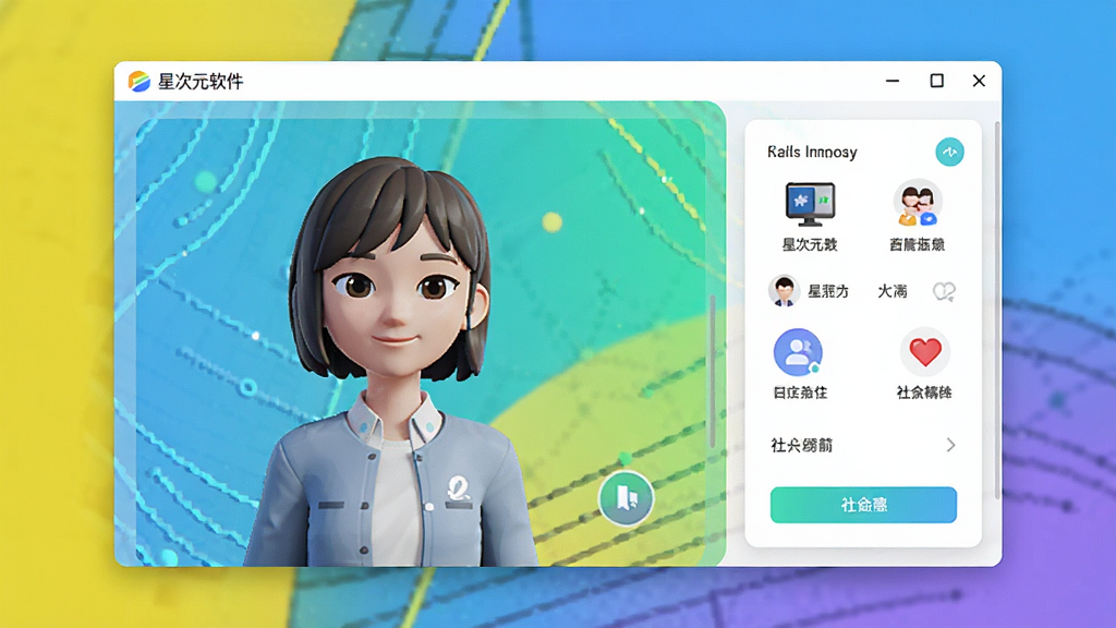 星次元软件主界面预览图,展示虚拟人物形象和社交功能布局,现代简约风格,色彩明亮,画质高清,干净无多余元素