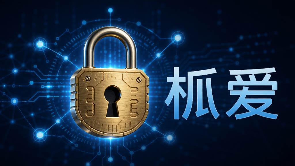 主体:一把金色的安全锁图标,背景是数据加密的科技线条,旁边有“挝爱”字样。布局:锁图标居中,周围环绕着网络节点和光效。排版:简洁明了,突出安全主题。风格:科技感强,蓝色调为主。细节:锁的纹理清晰,光效自然,画质高清,干净,无多余元素。