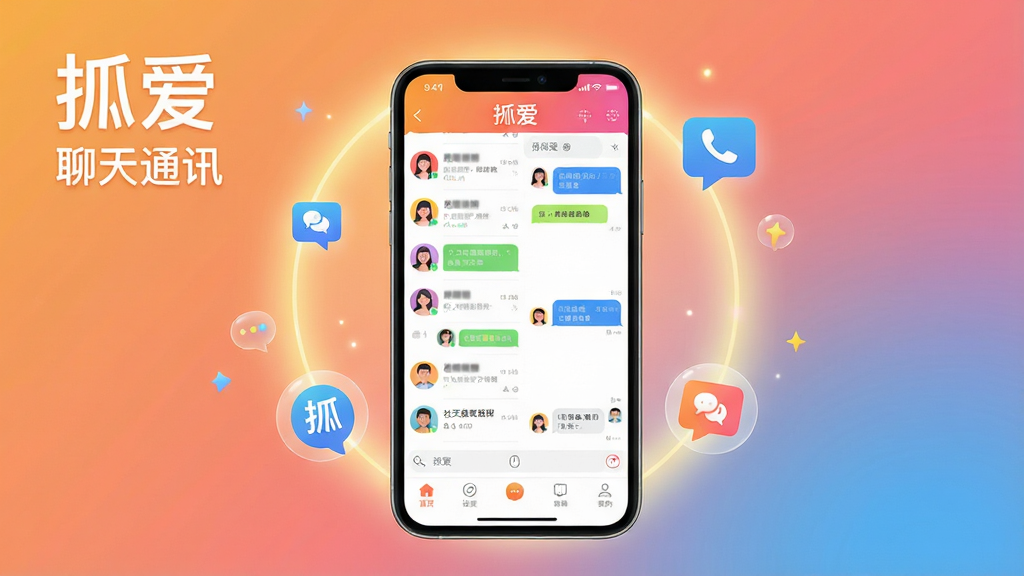 主体:一款名为“挝爱”的社交APP的界面展示图,手机屏幕内显示聊天列表和对话窗口,背景为温馨的渐变色。布局:手机居中,屏幕内容清晰可见,周围有柔和的光晕和漂浮的气泡图标。排版:干净简洁,突出APP名称“挝爱”和“聊天通讯”字样。风格:现代扁平化设计,色彩明快,符合社交软件气质。细节:界面中的头像、消息气泡、底部导航栏等元素清晰可辨,画质高清,干净,无多余元素。
