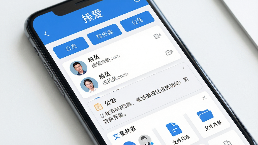 主体:手机屏幕显示“挝爱”群组管理界面,有成员列表、公告栏和文件共享区域。布局:屏幕内元素分区明确,顶部为群名称,下方为功能按钮。排版:清晰直观,突出管理功能。风格:商务简洁,蓝白配色。细节:成员头像、公告文字、文件图标清晰,画质高清,干净,无多余元素。