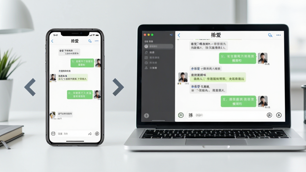 主体:一部手机和一台笔记本电脑并排摆放,屏幕上都显示“挝爱”聊天界面,背景为现代办公桌。布局:设备左右排列,屏幕内容清晰,周围有同步箭头图标。排版:整洁有序,强调多端同步的概念。风格:商务简约风,浅色背景。细节:屏幕中的聊天内容一致,画质高清,干净,无多余元素。