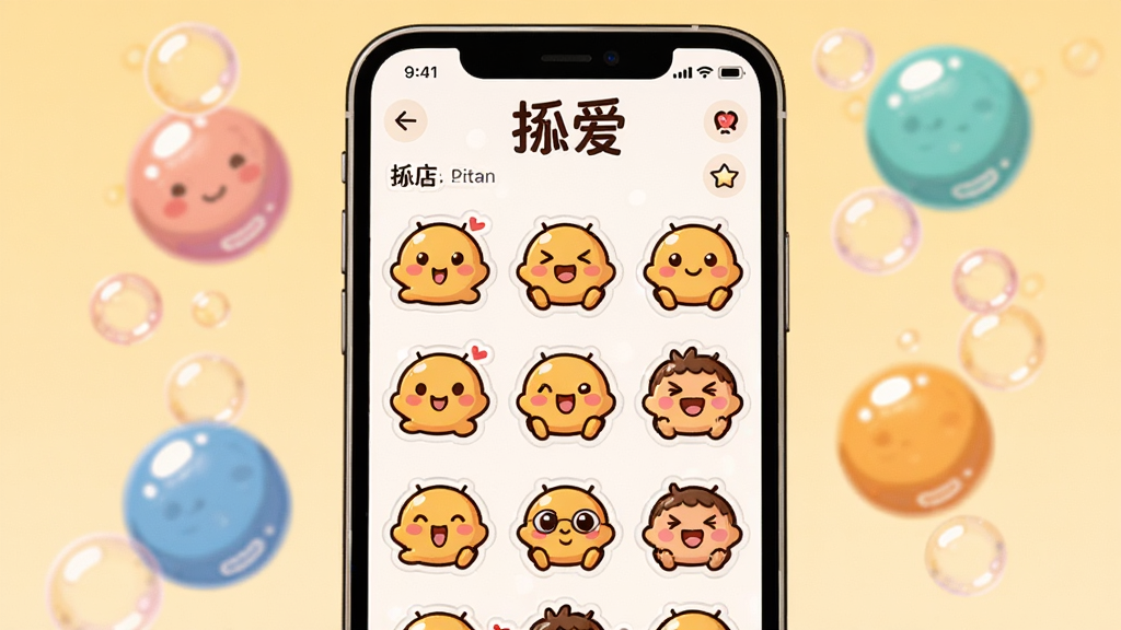 主体:手机屏幕上展示“挝爱”的贴纸商店页面,有各种可爱的表情和贴纸。布局:手机居中,贴纸以网格形式展示,周围有彩色气泡。排版:活泼可爱,色彩丰富。风格:卡通插画风格,暖色调。细节:贴纸图案清晰,表情生动,画质高清,干净,无多余元素。