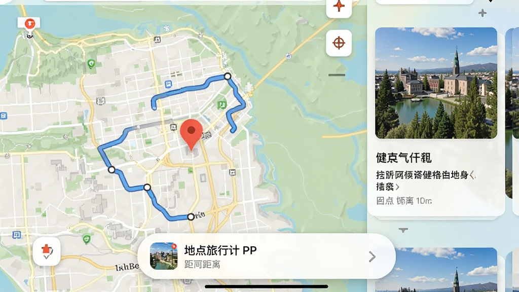 主体为旅行计APP的离线地图界面,地图上有蓝色路线和一个红色定位图标,右侧有景点介绍卡片。布局以地图为主,底部悬浮卡片显示地点名称和距离,排版简洁。风格写实清晰,地图细节丰富,色彩自然,画质高清,干净无多余元素。