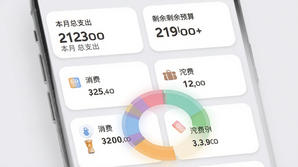 主体为旅行计APP的记账界面,上方显示本月总支出和剩余预算数字,下方是分类消费占比的彩色环形图。布局以卡片式排列,每张卡片对应一个消费类别,带有小图标和金额。风格清新柔和,背景为浅灰色,细节处有圆角设计和淡淡的阴影,画质干净无多余元素。