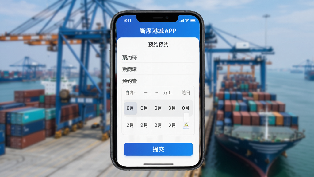 智序港城APP的园区预约功能界面截图,屏幕内显示预约表单、日期选择器和提交按钮,背景是模糊处理的港口集装箱码头,画面以蓝色和白色为主,界面布局清晰,操作按钮醒目,画质高清,呈现出专业、高效的移动办公场景,干净无多余元素