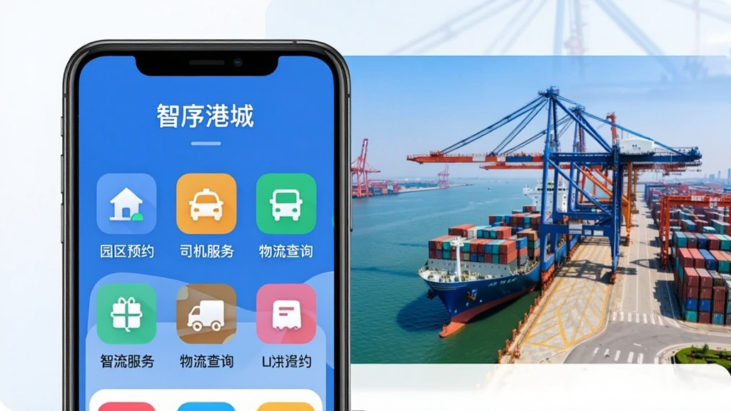 一张智能手机屏幕展示智序港城APP主界面,界面设计简洁现代,以蓝色为主色调,顶部显示“智序港城”字样,下方排列着“园区预约”、“司机服务”、“物流查询”等彩色功能图标,手机旁边放置着一张宁波港口的背景图片,画面清晰,光线明亮,整体风格专业且充满科技感,干净无多余元素