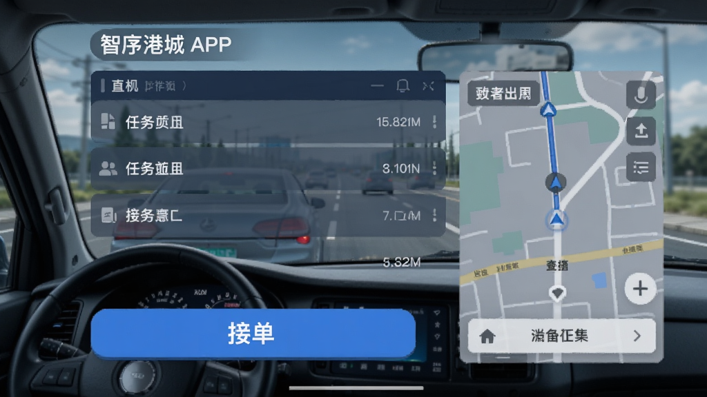 智序港城APP司机工作台页面,显示任务列表、接单按钮和地图导航卡片,界面风格硬朗务实,背景是驾驶室视角的挡风玻璃和道路,色调以深蓝和灰色为主,信息展示直观,操作按钮大而清晰,画质干净,无多余元素