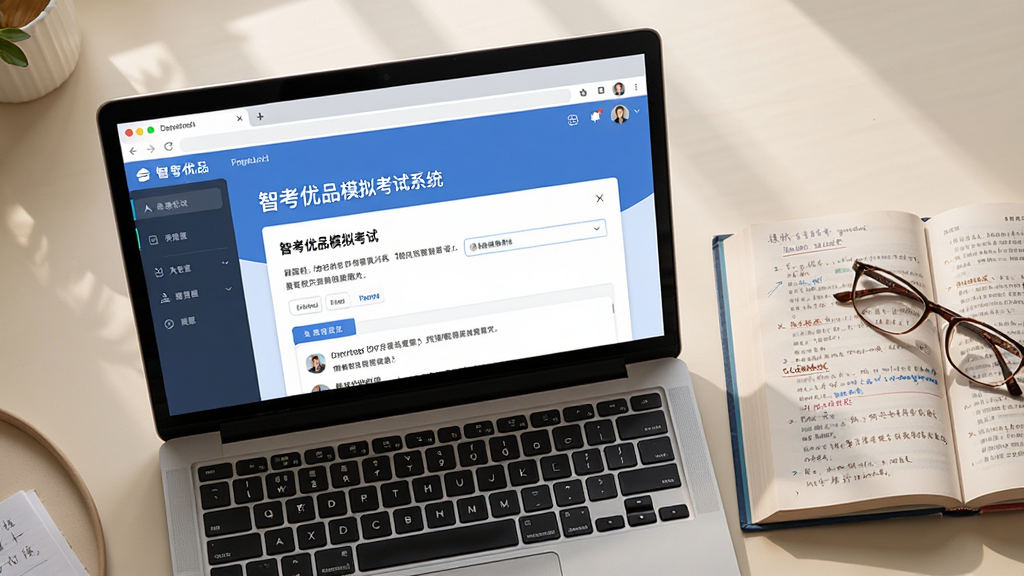 主体:一台笔记本电脑和一本书,屏幕中显示智考优品模拟考试系统界面,旁边有一本打开的书和眼镜;布局:俯拍视角,电脑居中,书本位于右侧;排版:画面平衡,色彩统一;风格:写实摄影风格,自然光,暖色调;细节:屏幕内容显示浏览器操作题,书页上有笔记;画质:高分辨率,干净,无多余元素。