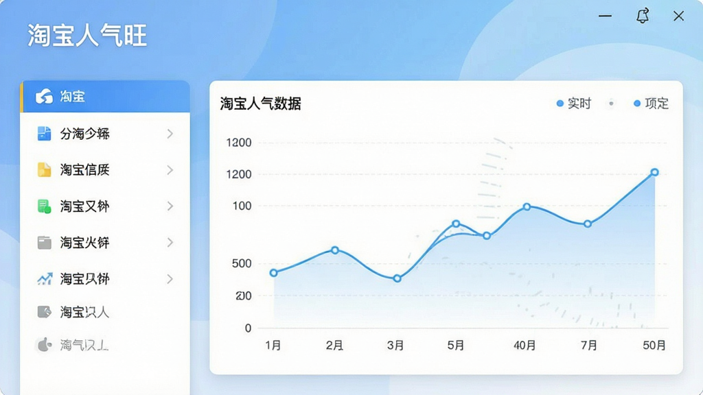 一张展示“淘宝人气旺”软件主界面的高清截图,界面设计简洁现代,左侧功能列表清晰,右侧显示实时人气数据图表,背景为柔和的蓝白渐变,整体风格专业且富有科技感,画质干净无多余元素