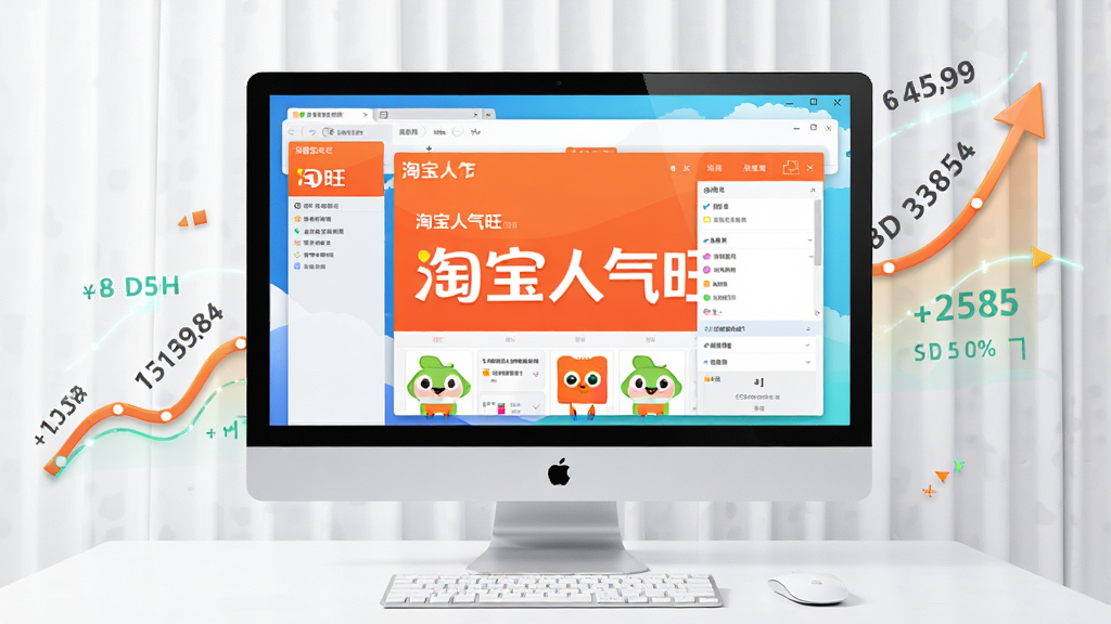 一张展示“淘宝人气旺”软件在电脑上运行效果的图片,桌面背景简洁,软件主界面清晰可见,周围有模拟的流量数据上升曲线,整体色调明亮,画质高清