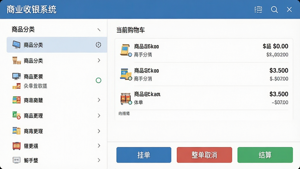 主体为“商业收银系统”订单管理界面截图,左侧是商品分类列表,右侧是当前购物车,底部有“挂单”“整单取消”“结算”按钮,布局清晰,风格扁平化,细节丰富,画质清晰干净,无多余元素