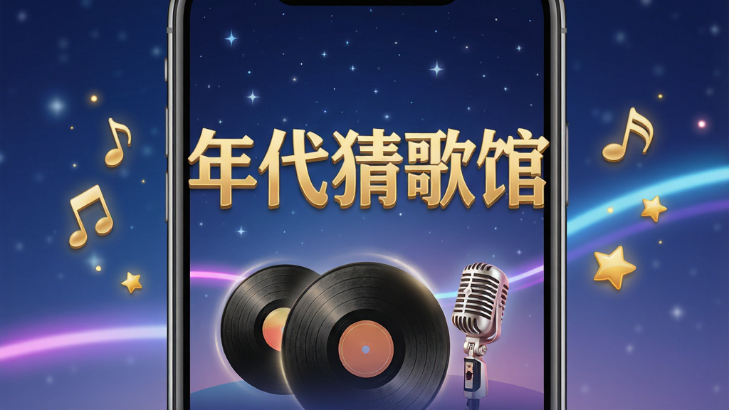图片主体为复古风格的手机应用界面展示,屏幕中央显示“年代猜歌馆”金色艺术字标题,下方排列着黑胶唱片与老式麦克风图案,背景是柔和渐变的深蓝色星空与闪烁霓虹灯带。布局采用手机居中特写,左右两侧悬浮着音符与金色星星特效。排版简洁大气,标题字大醒目,按钮圆润清晰。风格融合复古怀旧与时尚科技感,细节上唱片纹理清晰、光晕柔和,画面干净无多余元素,突出音乐竞猜的趣味氛围。