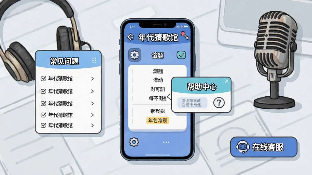 画面主体为一部正在运行《年代猜歌馆》的手机,屏幕显示答题界面,旁边有齿轮状设置图标和“帮助中心”弹窗。背景为淡灰色的操作台面,摆放着耳机与老式麦克风。布局采用平视角度,手机居中,左侧悬浮着“常见问题”列表,右侧有“在线客服”按钮。风格为简洁的科技感插画,色调清新,细节上手机屏幕内容清晰可辨,文字标注明确,整体干净无杂乱元素。