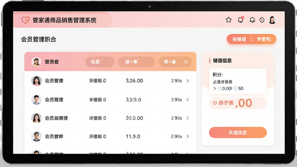 管家通商品销售管理系统的会员管理界面,展示会员列表、积分和储值信息,界面采用卡片式布局,粉色与橙色点缀,亲和力强,清晰展示会员数据,画质柔和干净