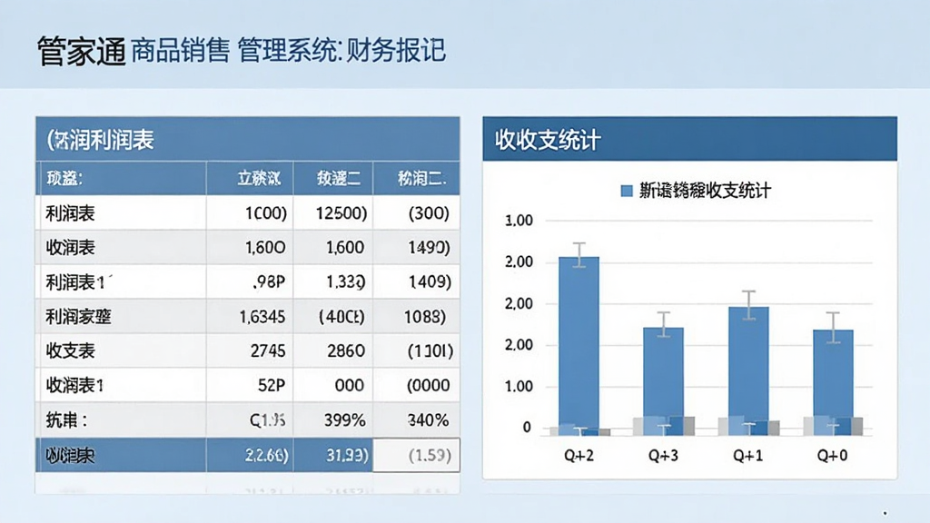 管家通商品销售管理系统的财务报表界面,展示利润表和收支统计,数据以表格和条形图呈现,背景为淡蓝色,风格严谨商务,数字清晰可见,整体干净专业