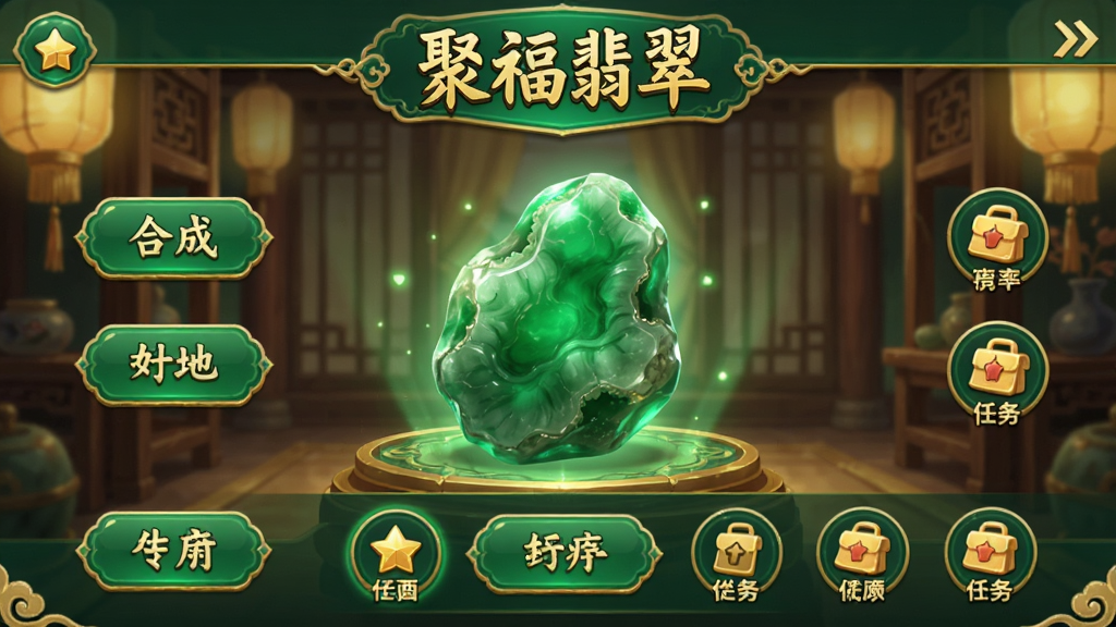 画面展示一款名为“聚福翡翠”的手机游戏主界面,界面以翠绿色和金色为主色调,背景是古风木架与柔和灯光,中央有一块发光的翡翠原石,四周分布着合成按钮和任务图标,整体布局清晰,风格精致,画质高清,干净无多余元素