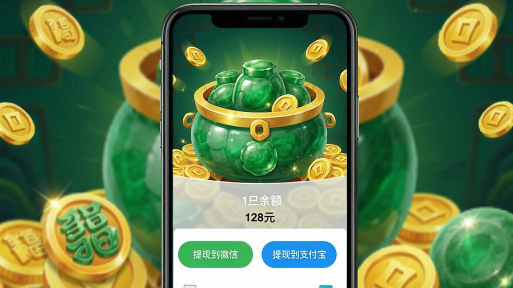 聚福翡翠游戏提现界面截图,手机屏幕上显示账户余额为128元,下方有“提现到微信”和“提现到支付宝”两个按钮,背景是游戏内的翡翠聚宝盆和金币,界面风格简洁明亮,金币和翡翠元素环绕,画质清晰,干净无多余元素