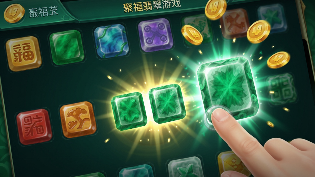 聚福翡翠游戏内合成界面特写,屏幕上排列着不同颜色的翡翠方块,玩家手指正在滑动合成,两个相同的翡翠方块合成后发出璀璨光芒,变成一块更高级的冰种翡翠,界面周围有金币飘落特效,画质细腻,色彩鲜艳,干净无多余元素