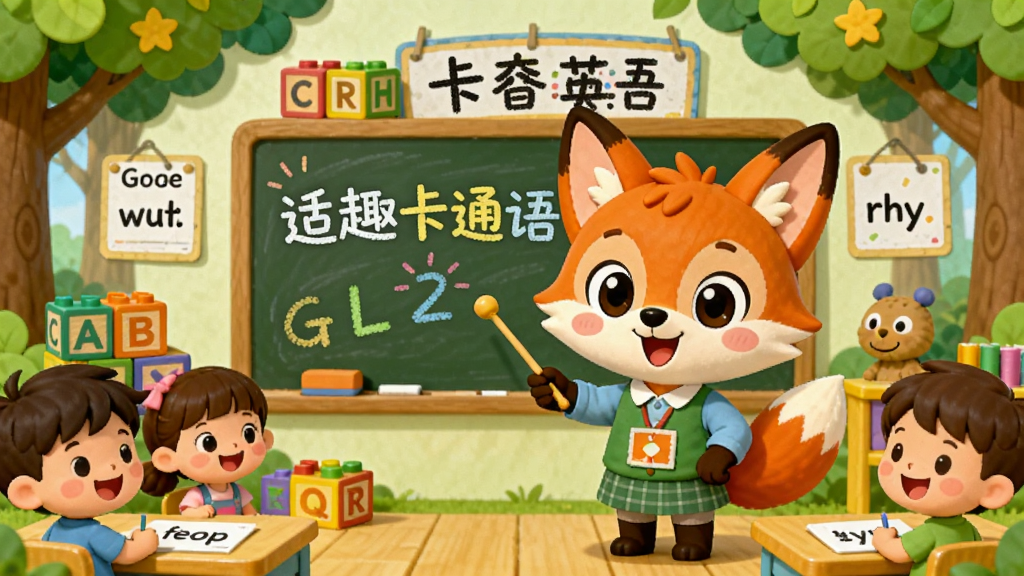 画面展示一位可爱的卡通小动物老师(如小狐狸)站在色彩明亮的森林教室里,黑板上写着