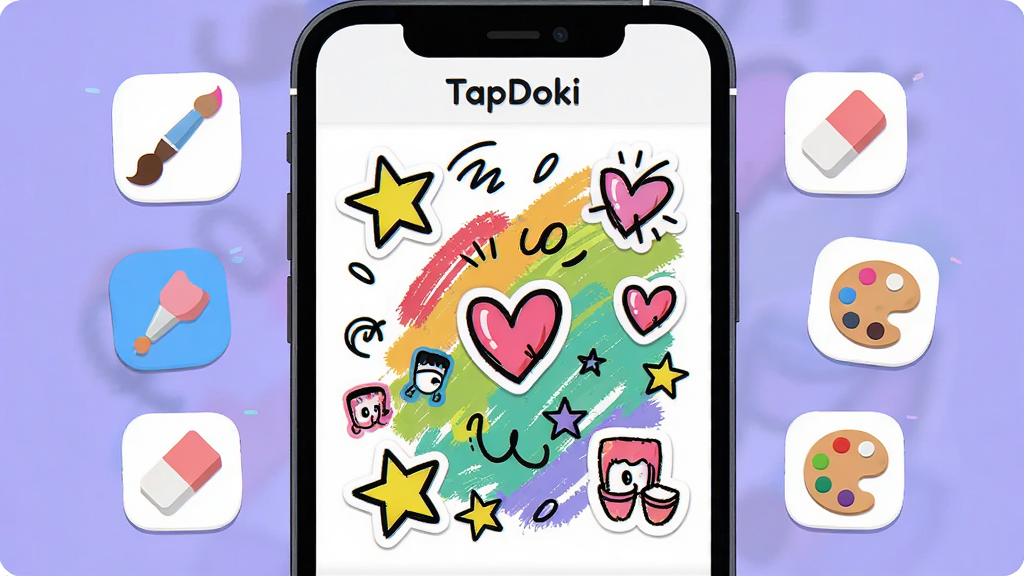 一幅展示TapDoki应用界面的高清数字插画,主体为智能手机屏幕内呈现色彩缤纷的涂鸦画布,画布上有各种手绘线条、星星、爱心和动态贴纸元素,布局居中,周围有悬浮的画笔、橡皮擦、调色板等小图标环绕,风格为扁平化矢量插画,细节丰富,画质清晰干净,无多余元素,屏幕上方显示“TapDoki”字样