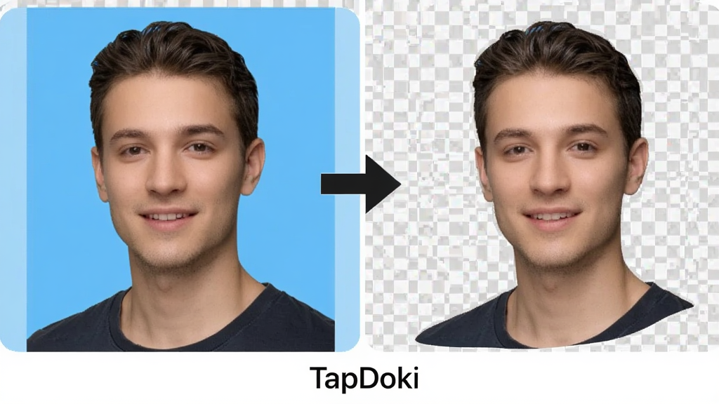 展示TapDoki应用背景移除功能的前后对比图,左侧为一张带纯色背景的人物照片,右侧为同一人物被抠出后置于透明网格背景上,中间有一个明显的箭头指示,布局左右对称,风格为简洁的界面截图示意,人物边缘细节清晰,画质干净,无多余元素,图片下方有“TapDoki”字样