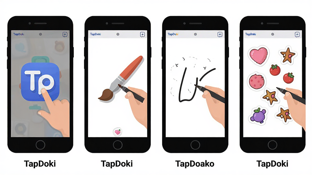 一张分步操作示意图,展示TapDoki应用在手机上的使用流程,第一步点击图标,第二步选择画笔,第三步绘制线条,第四步添加贴纸,四格漫画风格,每格下方有简短文字说明,布局从左到右,风格为扁平化插画,细节清晰,画质干净,无多余元素,每格角落有“TapDoki”字样
