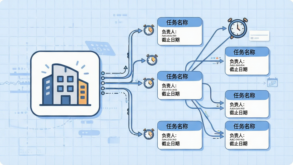 画面主体为智能任务拆解示意图,左侧是大型项目图标,右侧发散出多个小任务卡片,卡片上打有“任务名称”“负责人”“截止日期”字样,背景为淡蓝色网格,布局采用左右对称,风格为简洁商务插画,细节包括连接线条与时间图标,画质干净,无多余元素