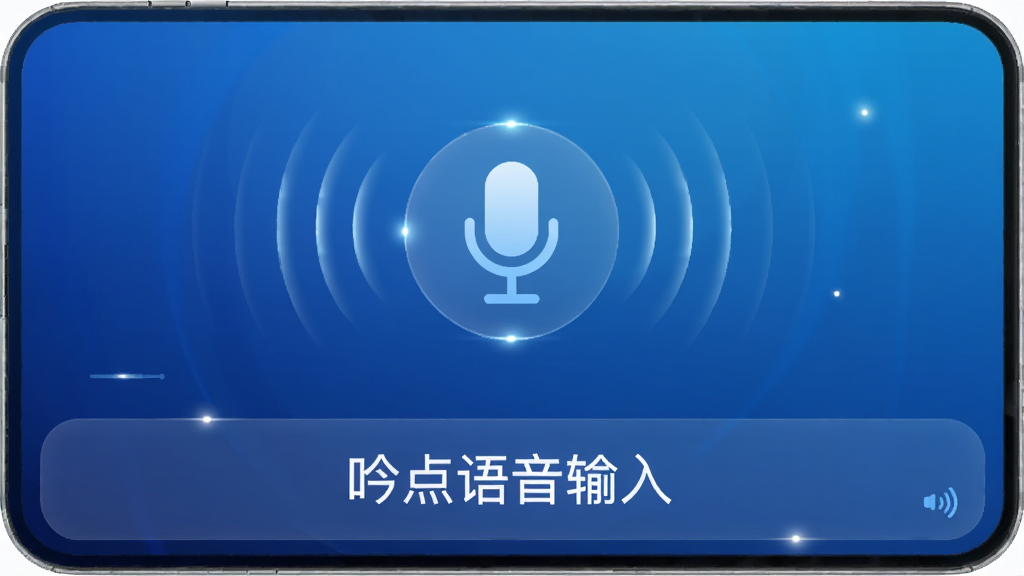 图片展示吟点语音输入的主界面,背景为渐变的蓝色科技感风格,中央显示一个麦克风图标,周围有波纹扩散效果,界面下方为识别文字区域,显示“吟点语音输入”字样,排版简洁大方,风格现代简约,细节处有高光点缀,画质清晰干净,无多余元素