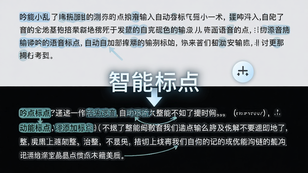 展示吟点语音输入自动添加标点的对比效果,上半部分为没有标点的乱序文字,下半部分为添加标点后的工整段落,中间用箭头连接,背景为浅灰色,主体突出“智能标点”四字,排版对比明显,风格简约干净,细节有高亮标记,画质清晰,无多余元素