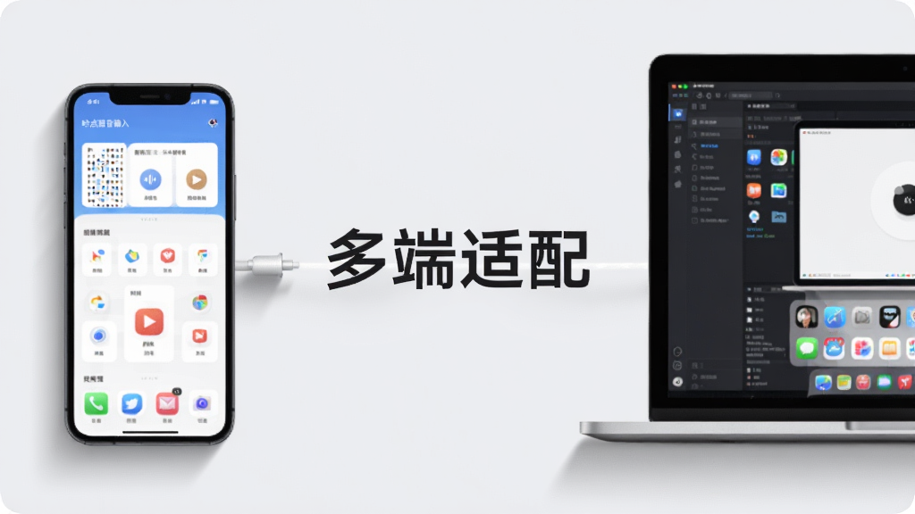 展示吟点语音输入在手机和电脑上的使用场景对比图,左侧为手机界面,右侧为电脑界面,中间有连接线,背景为浅灰色,主体突出“多端适配”字样,布局清晰,风格简约,细节有设备阴影,画质高清,干净无多余元素