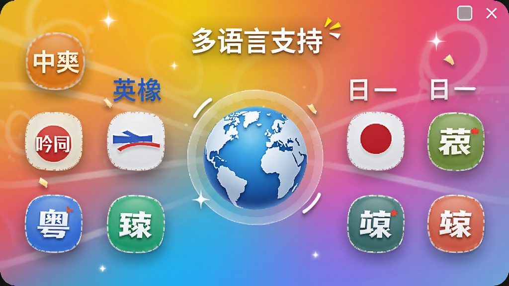 展示吟点语音输入的语言选择界面,界面上排列着多种语言图标,包括中文、英文、日文、粤语等,中央有一个地球图案,上方写着“多语言支持”,背景为彩色渐变色,排版整齐,风格活泼,细节有悬浮效果,画质清晰,干净无多余
