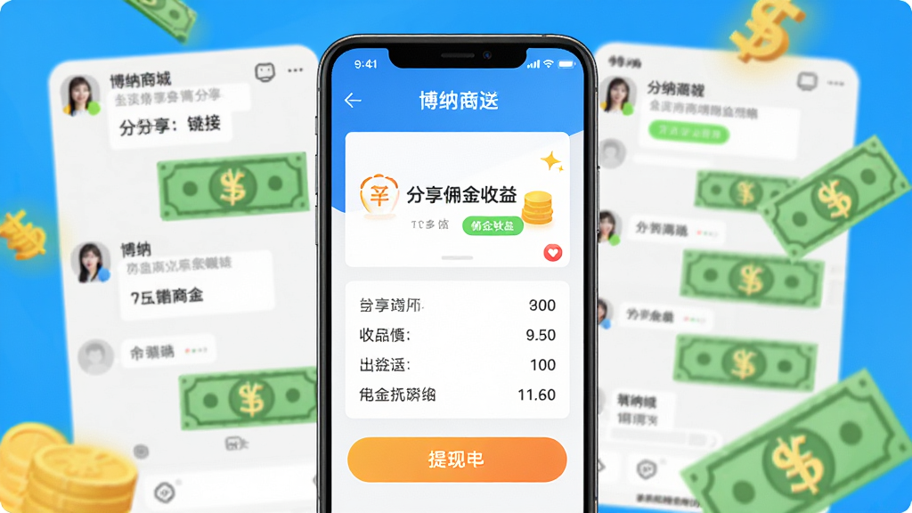 博纳商城社交分享赚钱功能展示,主体是手机屏幕中显示分享链接和佣金收益界面,背景是社交软件聊天窗口和现金符号,布局左右对称,风格活泼明亮,细节包括收益明细和提现按钮,画质清晰,干净,无多余元素。