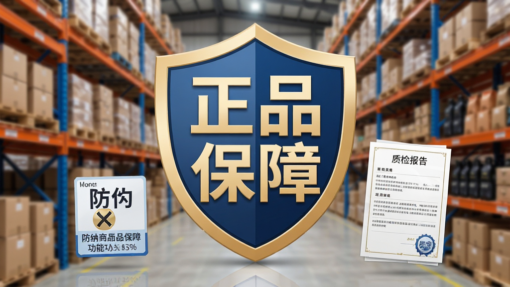 博纳商城正品保障功能展示图,主体是盾牌图标搭配“正品保障”四个大字,背景是模糊的仓库和商品货架,布局居中,风格商务大气,细节包括防伪标签和质检报告,画质清晰,干净,无多余元素。