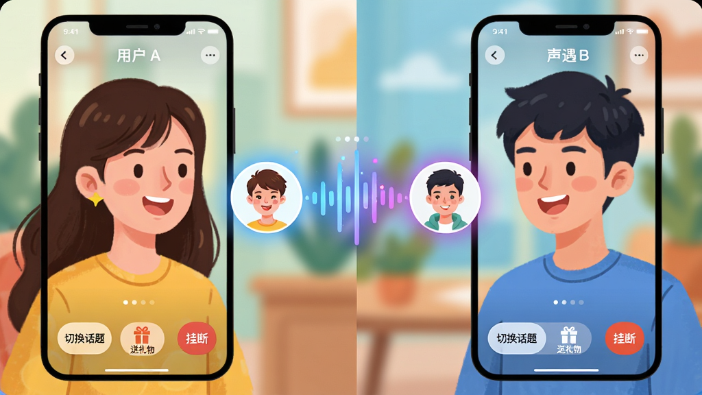 主体:两位年轻用户正在使用声遇APP进行语音聊天,界面显示匹配成功动画,两人头像之间由发光的声波连接;布局:画面分为左右两半,左边是用户A的界面,右边是用户B的界面,中间是声波互动特效;排版:界面简洁,下方有“切换话题”、“送礼物”、“挂断”按钮;风格:插画风,色彩明快,人物表情愉悦;画质:高清细腻,背景虚化,突出互动主体,干净无杂乱元素。