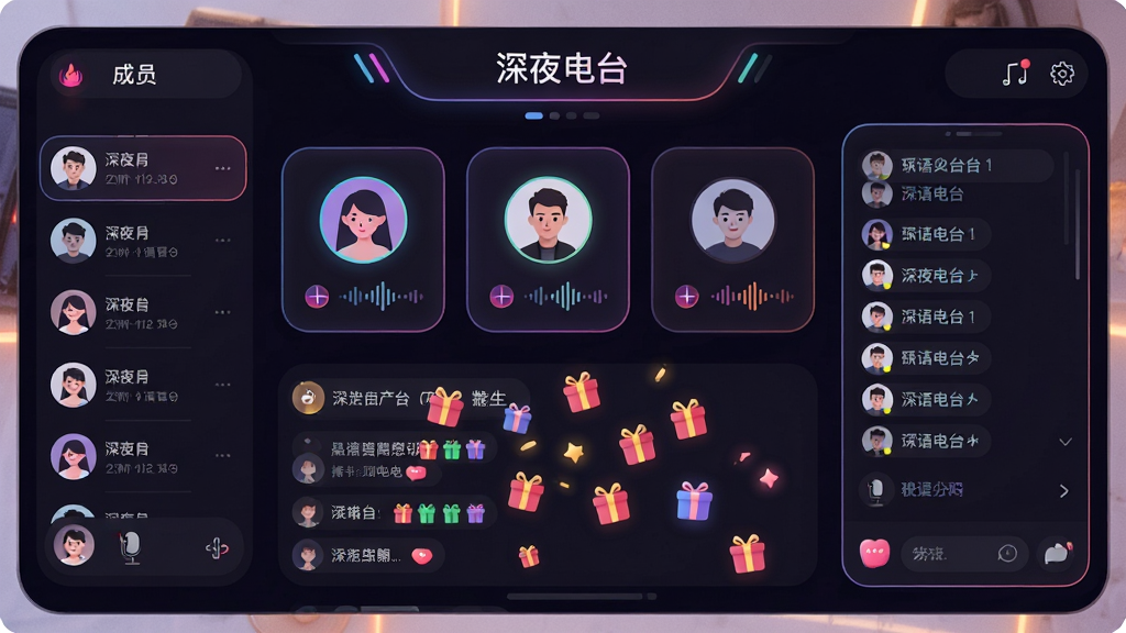 主体:声遇APP的语音房间界面,顶部显示房间名称“深夜电台”,下方排列着多个麦位,每个麦位有用户头像和实时音量波动动画,公屏上飘过礼物特效;布局:房间界面居中展示,左侧是成员列表,右侧是聊天公屏;排版:UI设计圆润,色彩以深色为主,霓虹光效点缀;风格:赛博朋克与温暖治愈结合,氛围感强;画质:高分辨率,光影层次丰富,画面干净,无多余文字。