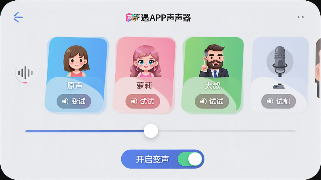 主体:声遇APP的变声器设置界面,展示多种音色选项如“原声”、“萝莉”、“大叔”等,每个选项带有试听按钮,界面底部有“开启变声”的开关;布局:界面居中,功能模块排列整齐,背景为浅灰色,图标色彩鲜艳;排版:扁平化设计,文字简洁清晰,滑块和按钮交互元素明确;风格:简约科技风,重点突出;画质:高清晰度,无多余装饰元素。