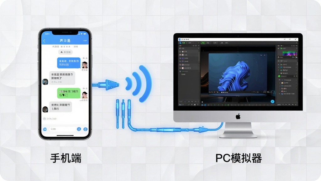 主体:声遇APP在手机和电脑模拟器上的运行对比图,左侧手机显示聊天界面,右侧电脑屏幕显示模拟器界面,两者通过无线符号连接;布局:左右对称,中间以蓝色数据线连接,背景为浅灰色网格;排版:简洁明了,设备下方标注“手机端”和“PC模拟器”;风格:科技感,色彩清新;画质:高清,干净,无多余元素。