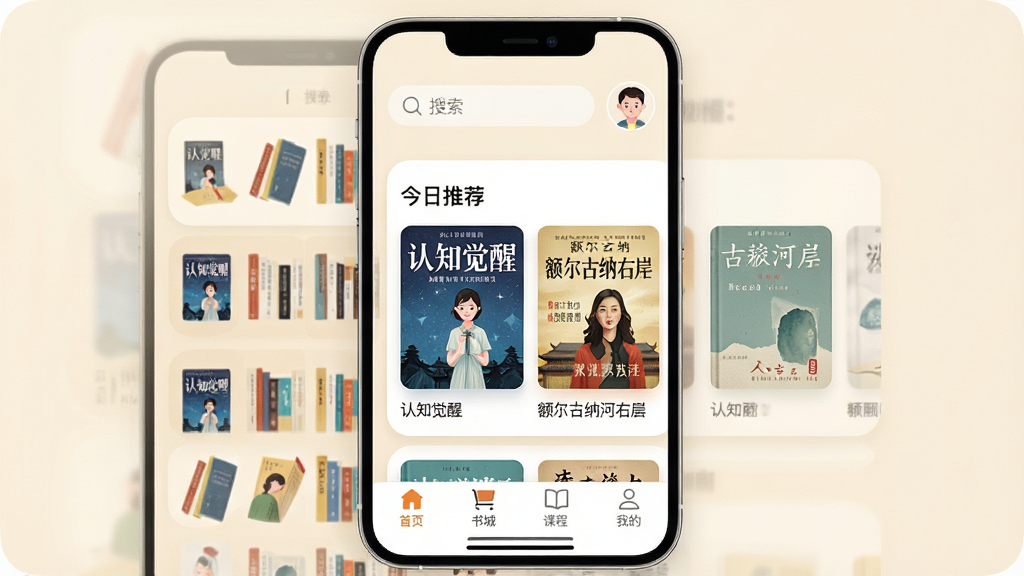 雅言慧读APP主界面展示图,手机屏幕中显示书架列表与推荐图书卡片,背景为浅米色,界面采用圆角卡片布局,顶部有搜索栏和用户头像,中部展示“今日推荐”模块,包含《认知觉醒》《额尔古纳河右岸》等书籍封面,底部导航栏为首页、书城、课程、我的,整体风格简约清新,插画风图标,高清渲染,干净无多余元素