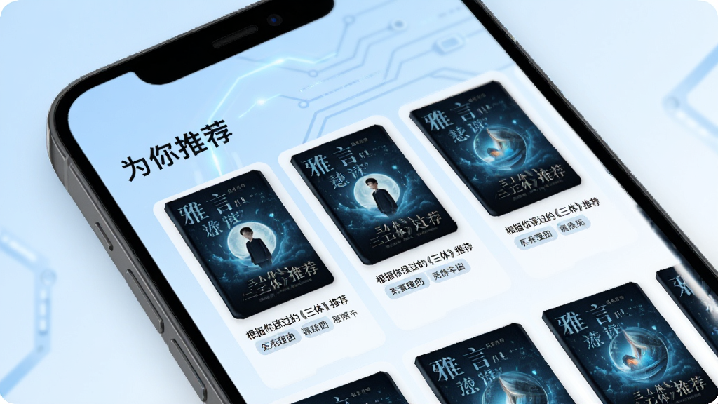 雅言慧读智能推荐页面,手机屏幕上展示个性化书单列表,封面图风格统一,有“为你推荐”标题,背景为淡蓝色渐变,卡片式布局,每本书下方显示推荐理由标签如“根据你读过的《三体》推荐”,整体科技感与现代感结合,高清画质,干净无多余元素