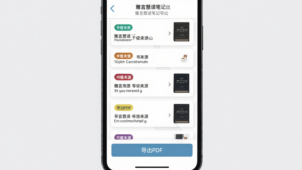 雅言慧读笔记导出界面,手机屏幕展示笔记列表,每条笔记有颜色标签与书籍来源,底部有“导出PDF”按钮,背景为白色,卡片式布局,简洁商务风格,高清画质,干净无多余元素