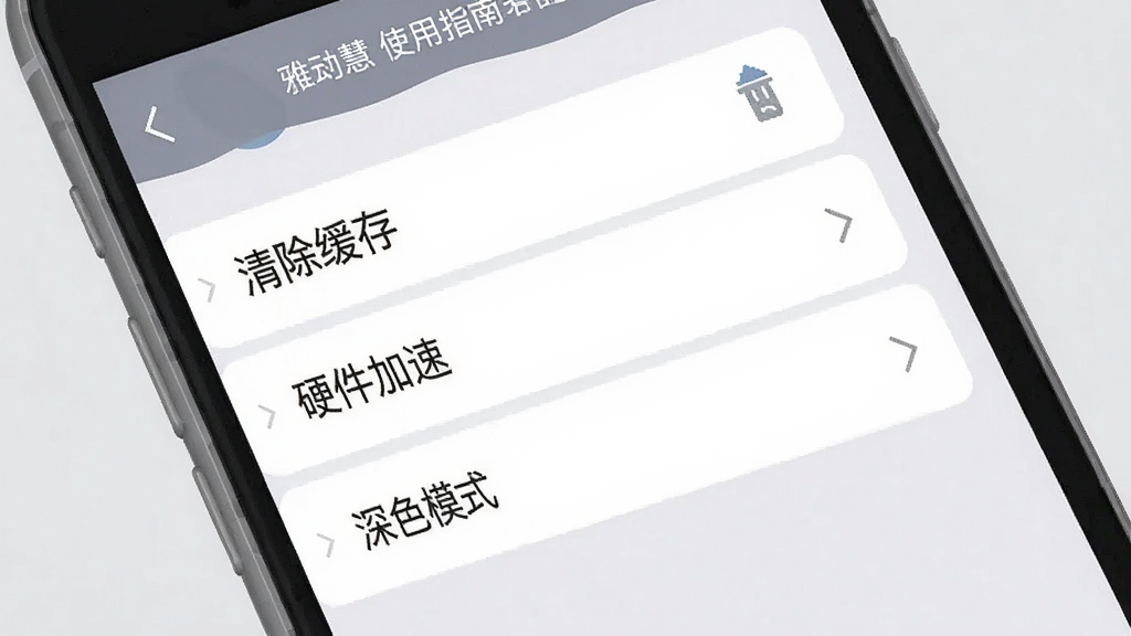 雅言慧读使用指南插图,手机屏幕显示设置页面,包含“清除缓存”、“硬件加速”、“深色模式”等选项,背景为浅灰色,简洁扁平化设计,高清渲染,干净无多余元素