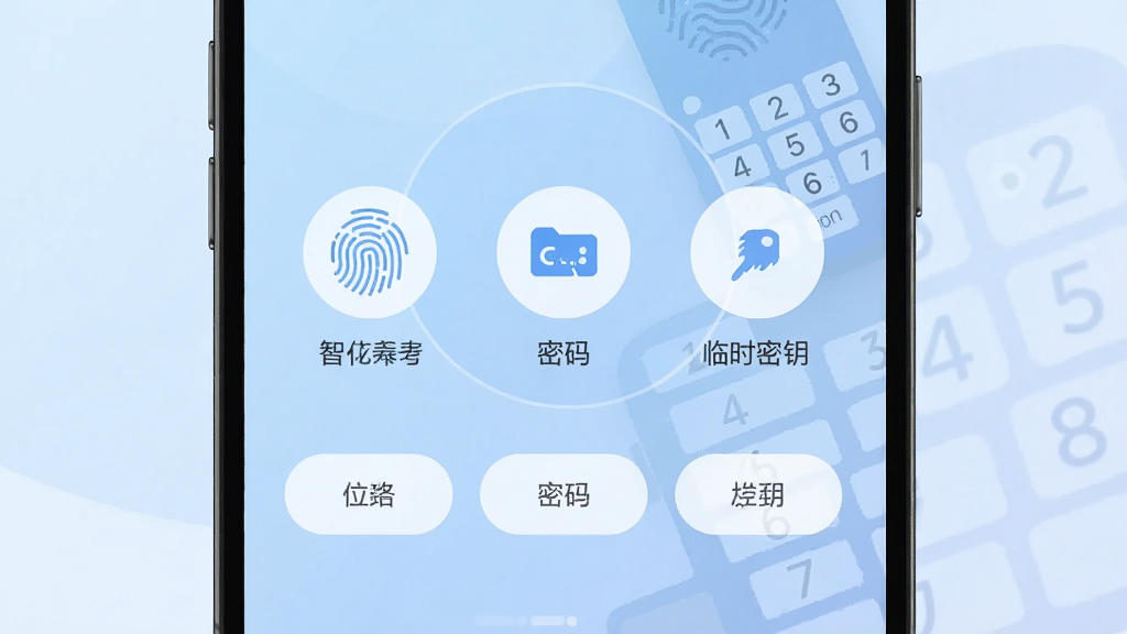 主体为梅花智能App的解锁方式选择界面,屏幕中央显示指纹、密码、临时密钥三个圆形图标,下方对应三个按钮。布局采用上下排列,手机界面占画面主导,背景为柔和的浅蓝色渐变,风格扁平化设计,细节处有指纹纹路与数字键盘的微缩图案,文字标签清晰标注,画质干净,无多余元素。
