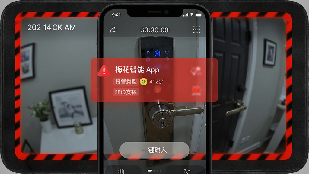 主体为梅花智能App的安防报警界面,屏幕显示一条红色报警通知卡片,背景为家庭门锁的实时监控画面,画面边缘有警示边框。布局采用手机竖屏截图样式,居中展示,背景为深色磨砂质感,风格科技感强,细节包括时间戳、报警类型标签与一键呼叫按钮,画质清晰,无多余元素。