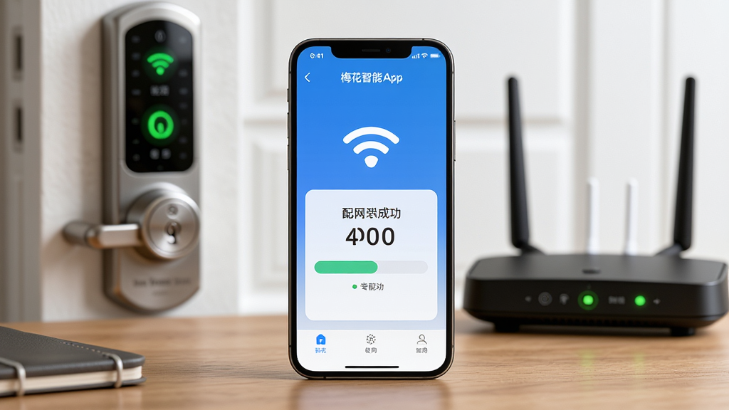 主体为梅花智能App的安装与使用场景,手机屏幕显示配网成功界面,背景为家庭门锁与路由器,布局采用手机居中,前景为桌面,背景虚化,风格写实,细节包括Wi-Fi信号图标与门锁状态灯,画质清晰,干净无多余元素。