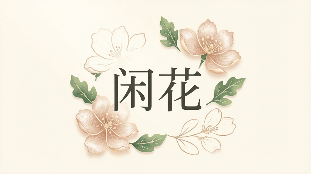 一幅清新淡雅的手机应用宣传图,主体为“闲花”二字,周围环绕着简约的线条花朵与绿叶,背景是柔和的米白色,整体排版居中,风格唯美治愈,细节包含花瓣纹理与光影渐变,画质高清干净,无多余元素