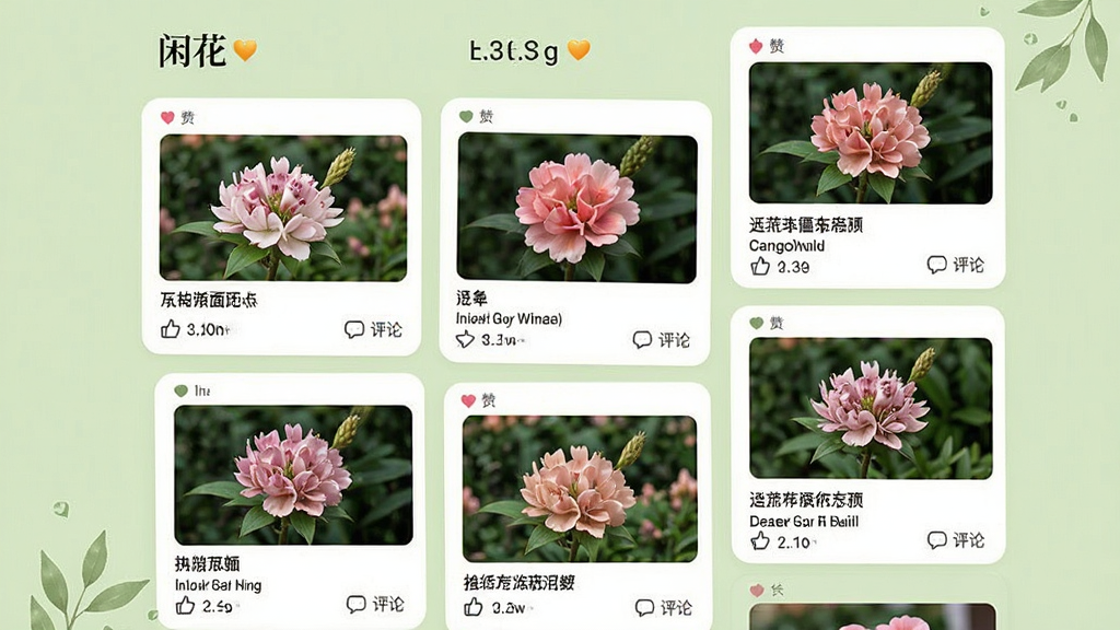 一张展示“闲花”社区信息流的界面图,屏幕上有多个卡片式帖子,每张卡片配有一张花卉图片和一段短文字,背景是淡绿色,整体布局错落有致,风格自然清新,细节包括点赞和评论的小图标,画质干净,无多余元素